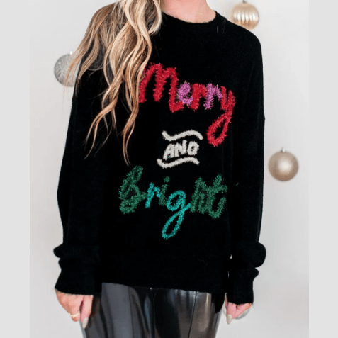 Black Tinsel Merry and Bright Graphic Christmas Sweater