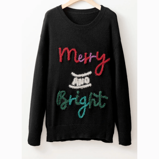 Black Tinsel Merry and Bright Graphic Christmas Sweater