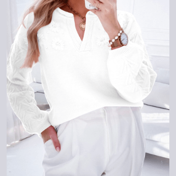 Vilma White Blossom Flower Detail Knitted Notched Neck Sweater