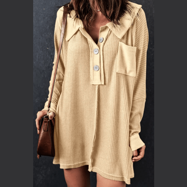 Vernee Apricot Waffle Knit Buttoned Long Sleeve Top