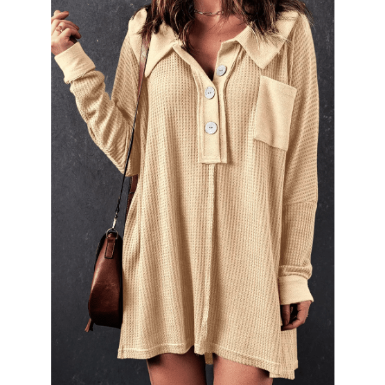 Vernee Apricot Waffle Knit Buttoned Long Sleeve Top