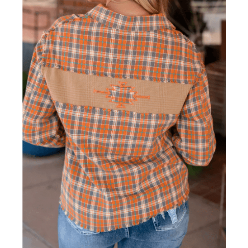 Jazlyn Plaid Embroidery Patch Button-Down Shacket