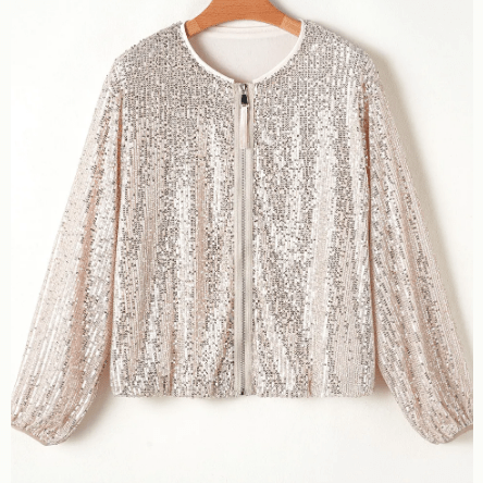 Nadeen Apricot Sequin Zip up Round Neck Long Sleeve Jacket