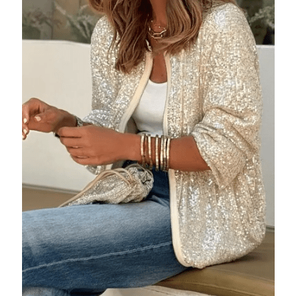 Nadeen Apricot Sequin Zip up Round Neck Long Sleeve Jacket