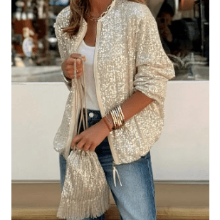 Nadeen Apricot Sequin Zip up Round Neck Long Sleeve Jacket