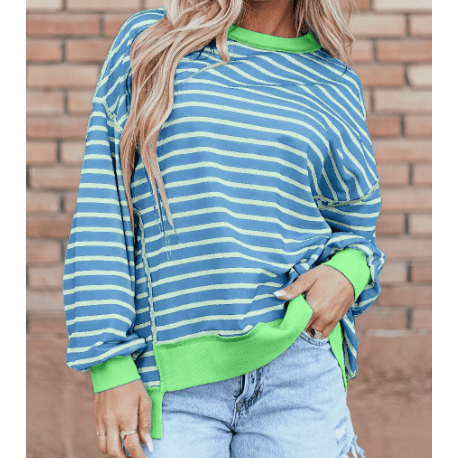 Phillis Blue Stripe Contrast Trim High Low Pullover Tunic Sweatshirt