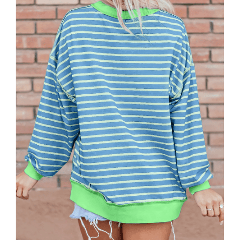 Phillis Blue Stripe Contrast Trim High Low Pullover Tunic Sweatshirt