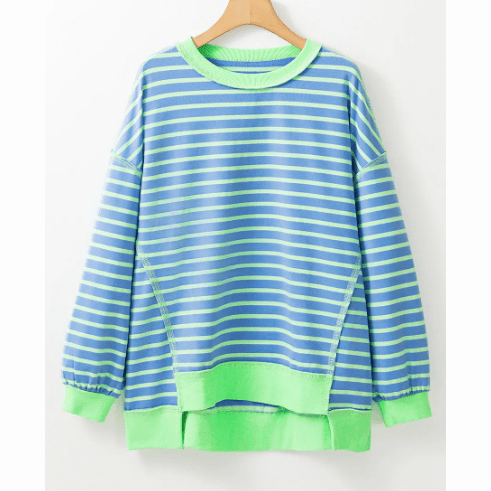 Phillis Blue Stripe Contrast Trim High Low Pullover Tunic Sweatshirt