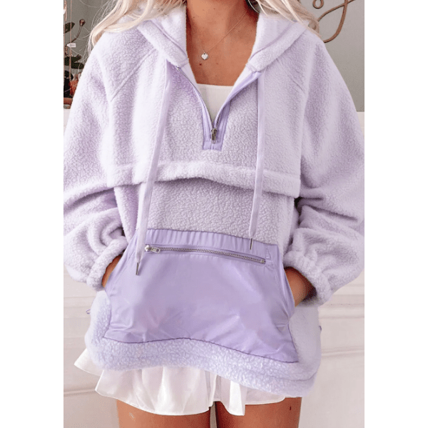 Deserae Zipped Patch Pocket Fuzzy Drawstring Hoodie