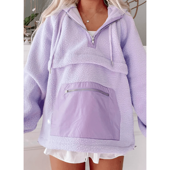 Deserae Zipped Patch Pocket Fuzzy Drawstring Hoodie