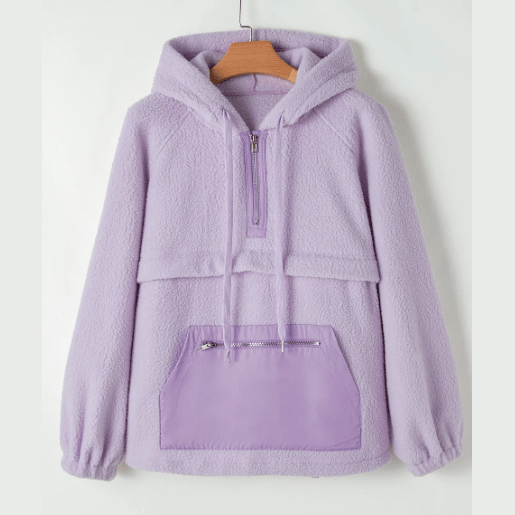 Deserae Zipped Patch Pocket Fuzzy Drawstring Hoodie