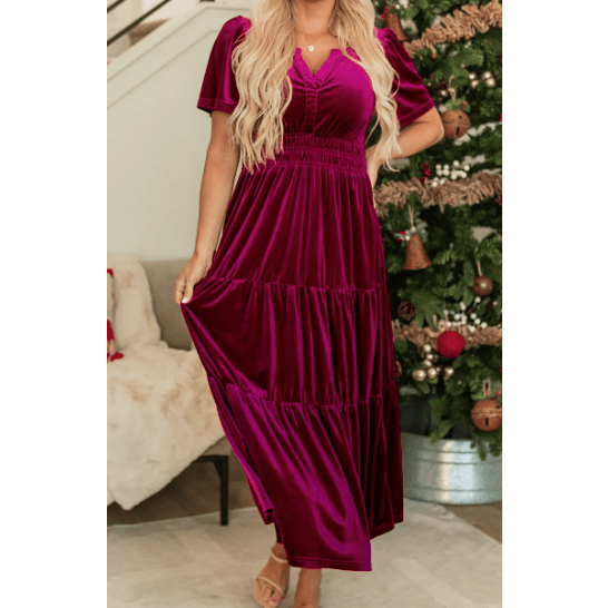 Kinzie Pink Velvet Short Sleeve Shirred Waist Tiered Maxi Dress