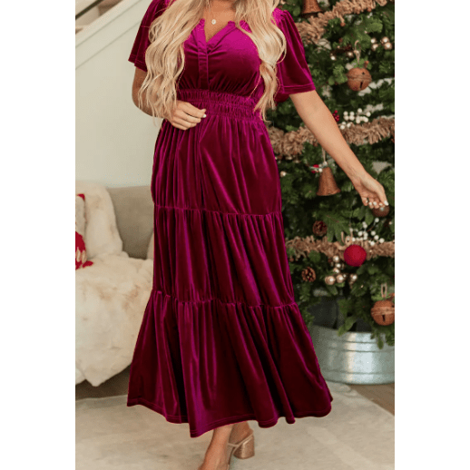 Kinzie Pink Velvet Short Sleeve Shirred Waist Tiered Maxi Dress