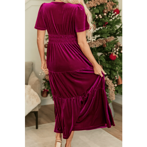 Kinzie Pink Velvet Short Sleeve Shirred Waist Tiered Maxi Dress