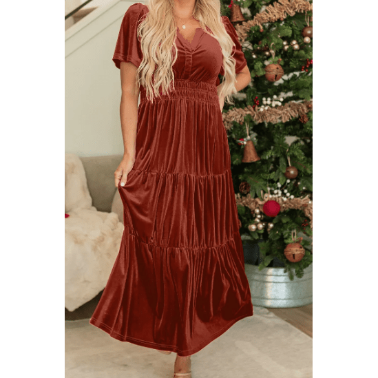 Kinzie Chestnut Velvet Short Sleeve Shirred Waist Tiered Maxi Dress