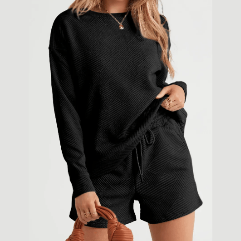 Jamilla Black Textured Long Sleeve Top and Drawstring Shorts Set