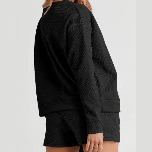 Jamilla Black Textured Long Sleeve Top and Drawstring Shorts Set