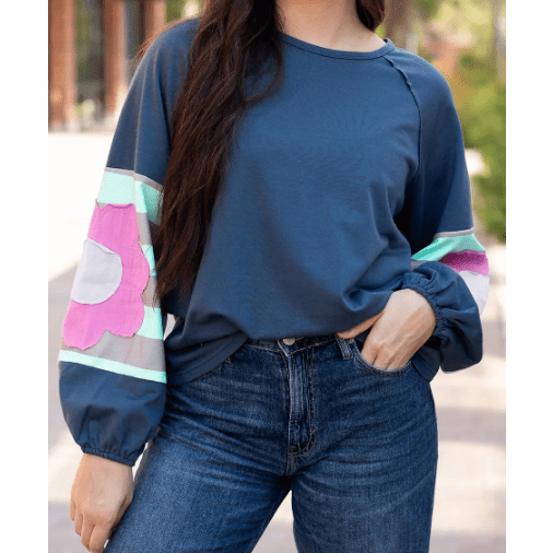 Monella Blue Flower Patchwork Raglan Sleeve Exposed Seam Oversized Top