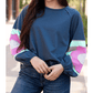 Monella Blue Flower Patchwork Raglan Sleeve Exposed Seam Oversized Top