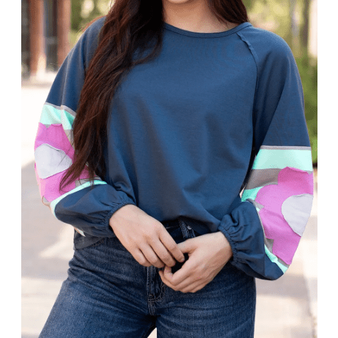 Monella Blue Flower Patchwork Raglan Sleeve Exposed Seam Oversized Top