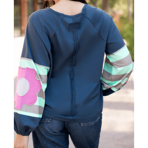 Monella Blue Flower Patchwork Raglan Sleeve Exposed Seam Oversized Top