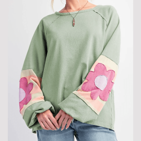 Monella Green Flower Patchwork Raglan Sleeve Exposed Seam Oversized Top * S-3X