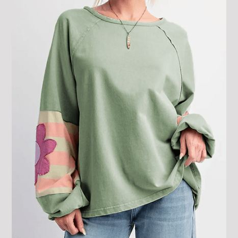 Monella Green Flower Patchwork Raglan Sleeve Exposed Seam Oversized Top * S-3X