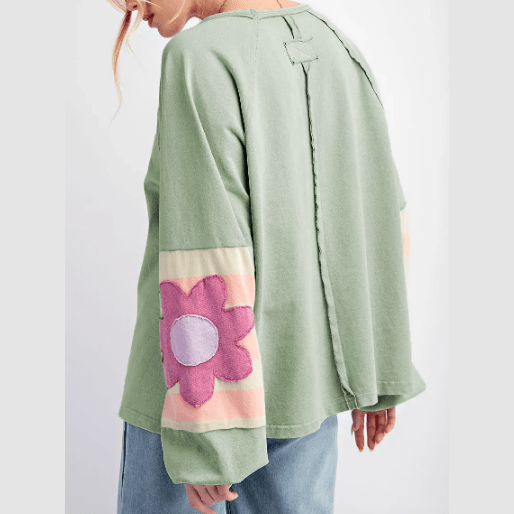 Monella Green Flower Patchwork Raglan Sleeve Exposed Seam Oversized Top * S-3X