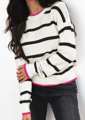 Miranda White Stripe Color Contrast Drop Shoulder Crew Neck Sweater