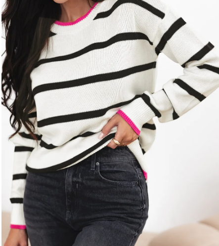 Miranda White Stripe Color Contrast Drop Shoulder Crew Neck Sweater