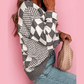 Cheza Grey Checkered Print Drop Shoulder Round Neck Sweater