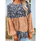 Rosetta Dark Blue Floral Color Block Ruffled Hem Round Neck Blouse