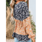 Rosetta Dark Blue Floral Color Block Ruffled Hem Round Neck Blouse