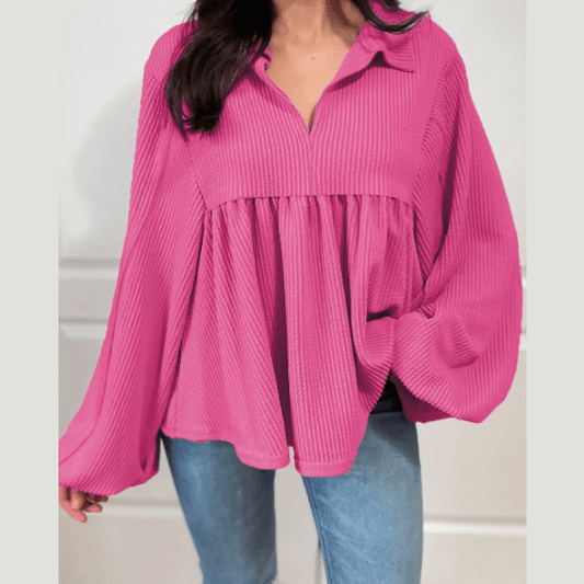 Shanice Hot Pink Corded Turn-down V Neck Bubble Sleeve Babydoll Blouse