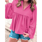 Shanice Hot Pink Corded Turn-down V Neck Bubble Sleeve Babydoll Blouse