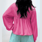 Shanice Hot Pink Corded Turn-down V Neck Bubble Sleeve Babydoll Blouse