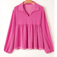 Shanice Hot Pink Corded Turn-down V Neck Bubble Sleeve Babydoll Blouse