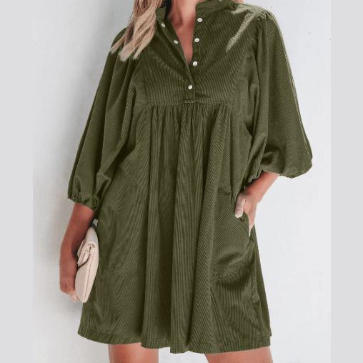 REDUCED!!! Tabatha Vineyard Green Corduroy Snap Buttons Empire Waist Bracelet Sleeve Dress  REDUCED!!!