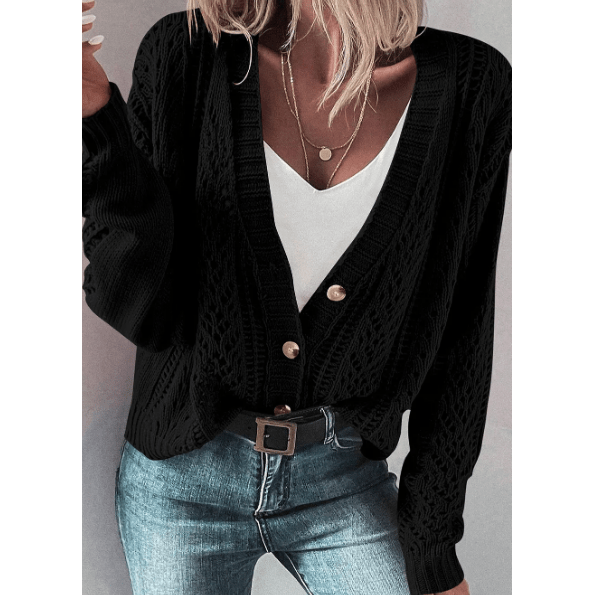 Tyra Black Open Knit Drop Shoulder Sweater Cardigan