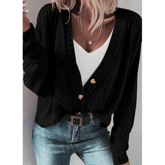 Tyra Black Open Knit Drop Shoulder Sweater Cardigan