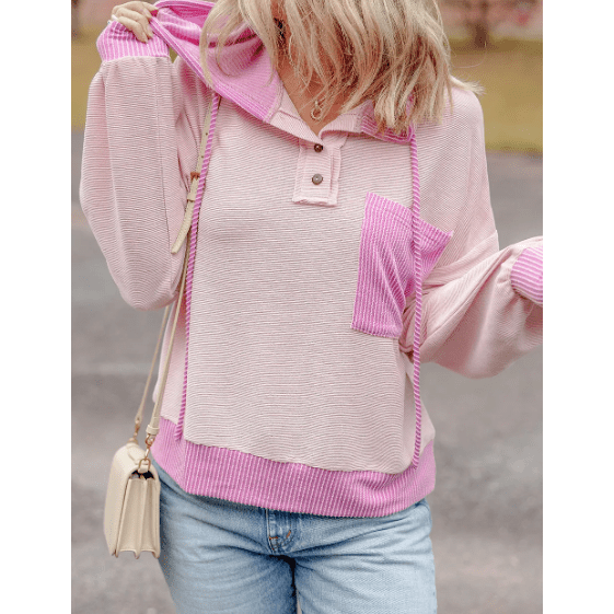 Meggie Pink Corded Colorblock Patch Pocket Drawstring Hooded Top
