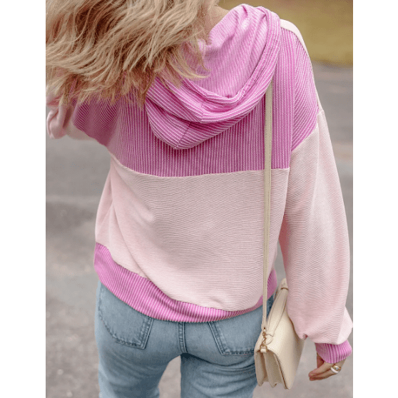 Meggie Pink Corded Colorblock Patch Pocket Drawstring Hooded Top