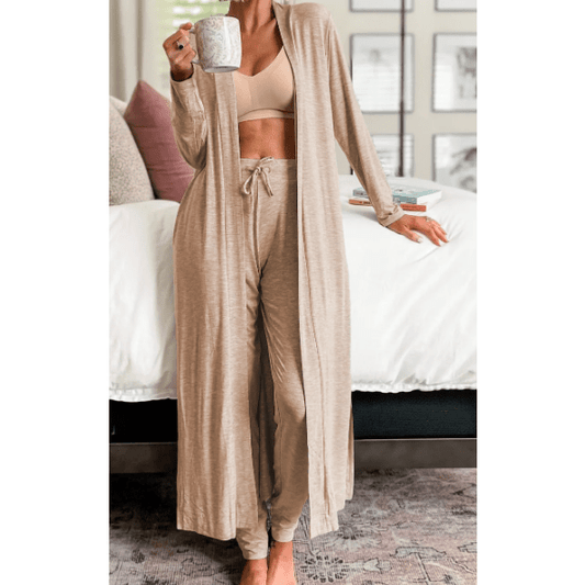 REDUCED!!!  Jacklyn Parchment Split Long Cardigan and Skinny Pants Lounge Set  REDUCED!!!