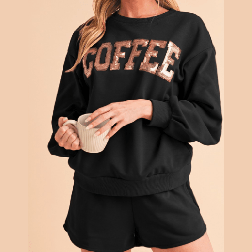 Sequined Black COFFEE Loose Fit Sweatshirt and Shorts Set