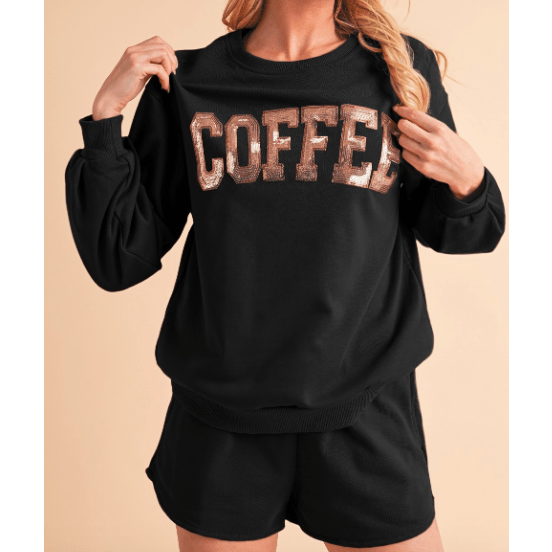 Sequined Black COFFEE Loose Fit Sweatshirt and Shorts Set