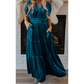 Kinzie Blue Velvet Short Sleeve Shirred Waist Tiered Maxi Dress
