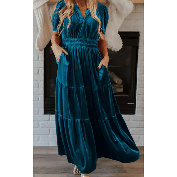 Kinzie Blue Velvet Short Sleeve Shirred Waist Tiered Maxi Dress
