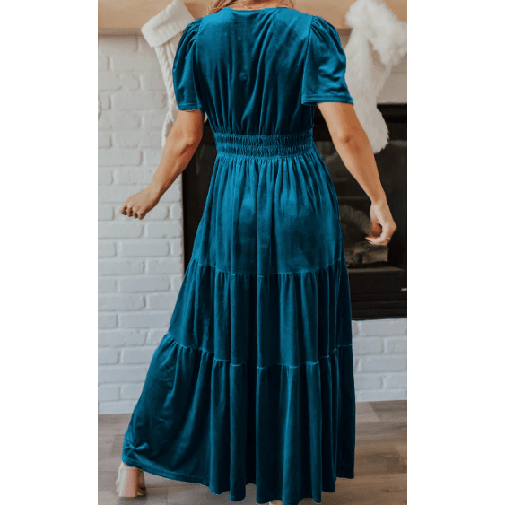 Kinzie Blue Velvet Short Sleeve Shirred Waist Tiered Maxi Dress