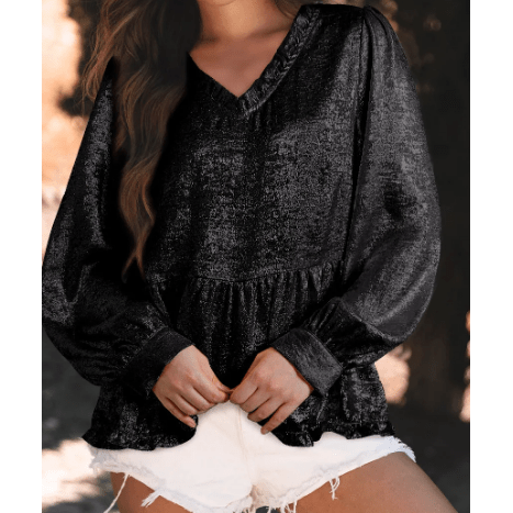 Ellie Mae Black Metallic Frilled V Neck Puff Sleeve Babydoll Blouse
