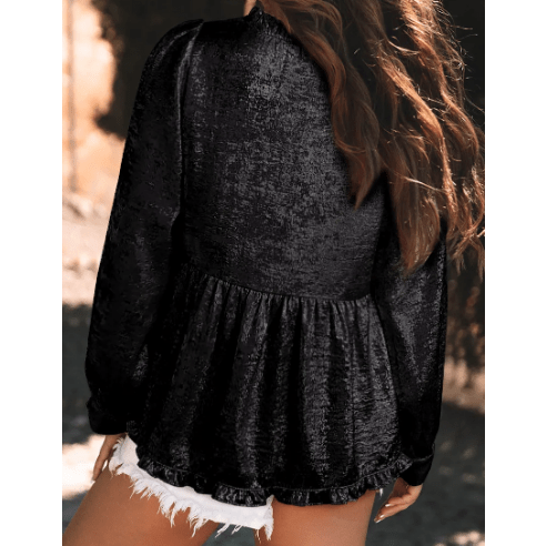 Ellie Mae Black Metallic Frilled V Neck Puff Sleeve Babydoll Blouse
